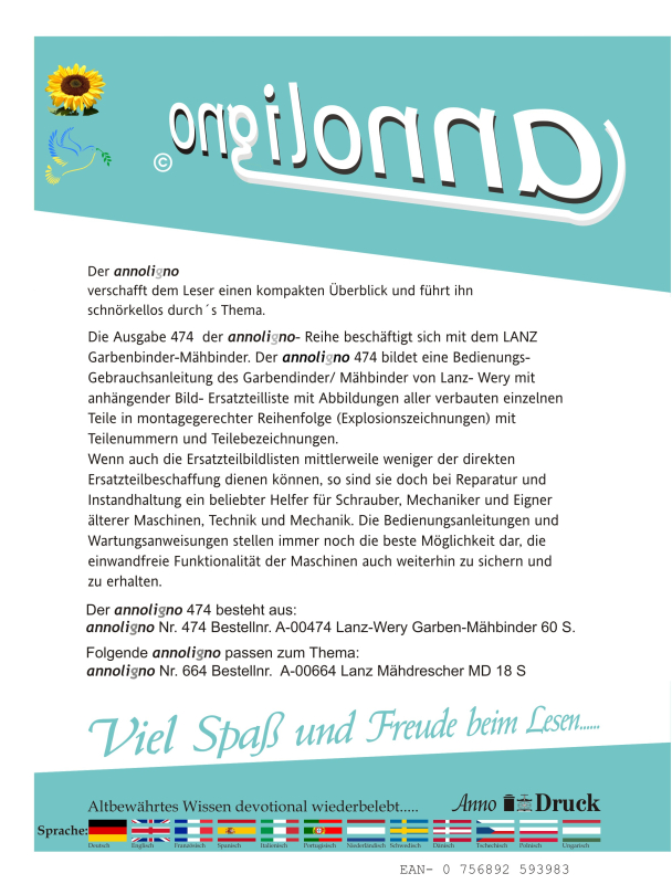 Lanz – Wery Garbenbinder/Mähbinder Bild- Bedienungsanleitung & Bild- Ersatzteilliste & Explosionszeichnungen - annoligno 474